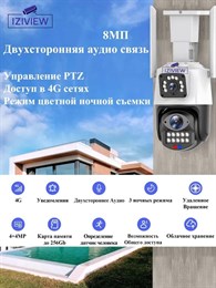 Сдвоенная 4G поворотная IP-камера 4Мп+4Мп, ночь 30м, звук, MicroSD - фото 14573